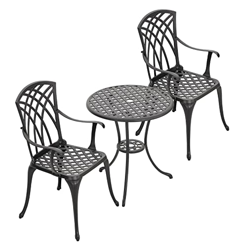 NUU GARDEN Patio Bistro Sets 3 Piece Cast Aluminum Bistro Table and Chairs Set with Umbrella Hole Bistro Set of 2 for Patio Backyard, Black