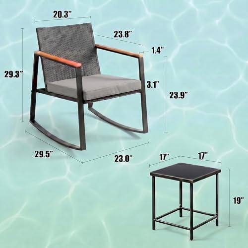 Gizoon 3 Pieces Rocking Patio Bistro Set with Anti-Scald Armrest, Outdoor Patio Wicker Furniture Set with Glass Table and Cushion for Garden, Yard, Porch