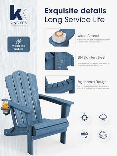 KINGYES Folding Adirondack Chair Set of 2, HDPE All-Weather Patio Chairs with Cup Holder, Wooden Textured Fire Pit Chairs for Poolside, Backyard, Deck, Navy