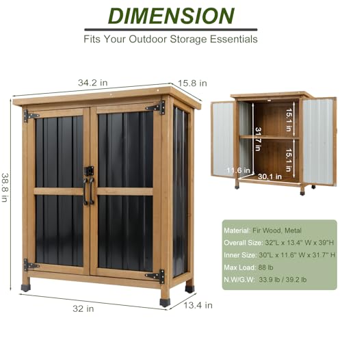 Ketive Outdoor Storage Cabinet, Wood & Metal Small Garden Tool Storage Cabinet with Weather-Resistant Asphalt Roof, Double Lockable Doors & Removable Shelves for Porch, Patio, Garden, Backyard