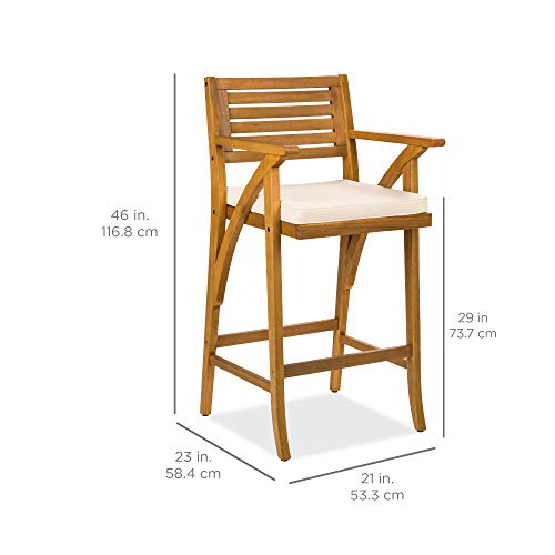 Best Choice Products Set of 2 Outdoor Acacia Wood Bar Stools Bar Chairs for Patio, Pool, Garden w/Weather-Resistant Cushions - Cream