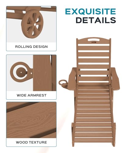Ciokea Lounge Chair Outdoor, Oversized Chaise Lounge Chair with 5 Positions, HDPE, Patio Lounge Chair with Wheels & Cup Holder for Pool, Deck, Poolside, Teak