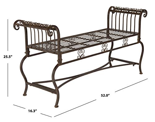 SAFAVIEH Outdoor - Brielle Iron Garden Bench - Rustic Brown - Vintage Ornate Scrollwork Design - Ideal for Patio, Deck, Porch, Garden, 52" W x 16" D x 25.5" H (PAT5004B)