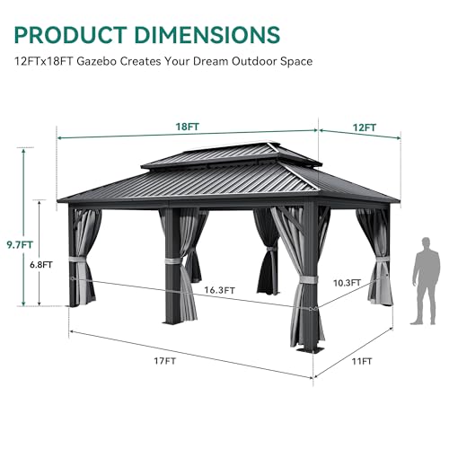 YITAHOME 12X18FT Metal Hardtop Gazebo Double Roof Canopy Galvanized Iron Aluminum Garden Gazebo Curtains Netting for Patios Backyards Decks Lawns