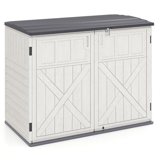 Tangkula Large Outdoor Storage Cabinet, 20 Cu.Ft Horizontal Resin Storage Shed with Adjustable Shelf & Lockable Doors, Weatherproof Patio Storage Box for Gardening Tools Cushions (White)