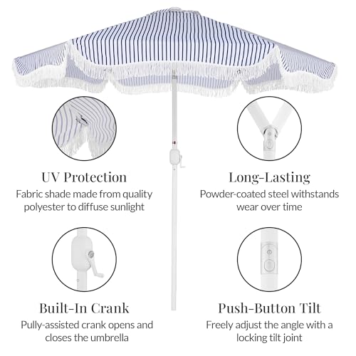 Best Choice Products 9ft Fringe Market Patio Umbrella – Outdoor Boho Tassel Sunshade for Table, Pool, Deck, Backyard – UPF50+, Easy Tilt, Heavy Duty Steel Pole & Ribs - Navy Pinstripe