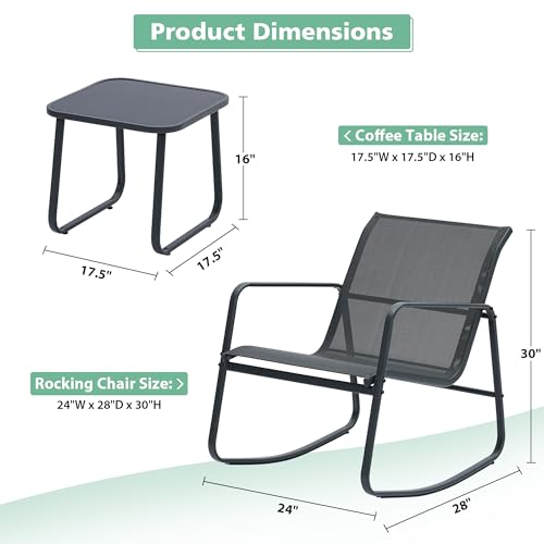 Ainfox 3 Piece Patio Outdoor Furniture Set, Textilene Fabric Patio Conversation Bistro Set with Rocking Bistro Chairs and Table, Small Patio Furniture Set for Backyard, Lawn, Garden, Poolside