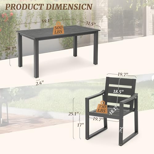 Cozyman Patio Table and Chairs Set, HDPS Outdoor Dining Set for 6, Patio Furniture for Deck, Poolside, and Backyard, Dark Gray