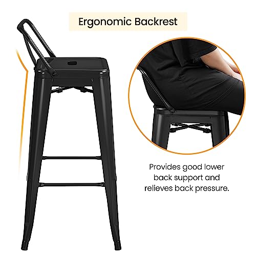 Yaheetech Bar Stools Set of 4, Metal Counter Height Chairs, 30 Inch Industrial Kitchen Stools with Backrest and Footrest for Indoor/Outdoor, Matte Black