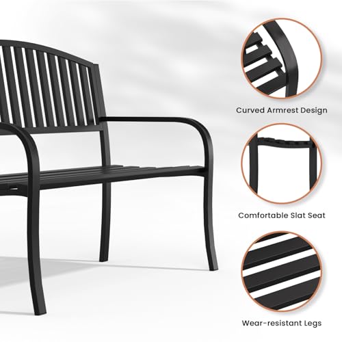 Granper Garden Bench, 50" Outdoor Bench, 660LBS Wrought Iron Porch Bench, Patio Bench with Armrests for Garden Lawn or Yard, Black
