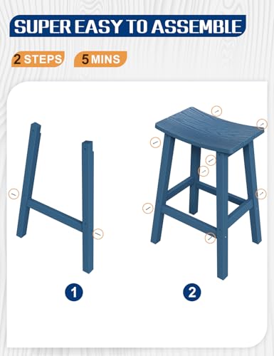 LAHAAP Weatherproof Bar Stools Set of 4, 28" Height Outdoor Bar Stools Holds up to 400 lbs, Saddle Seat, Bar Height Stools for Patio, Garden, and Kitchen Island, Blue