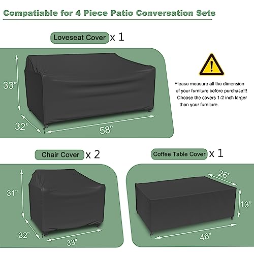 Gasadar 4-Piece Patio Furniture Covers Set, Waterproof Outdoor Furniture Set Covers for Outdoor Loveseat, Chair and Coffee Table, Heavy Dut 600D, Black