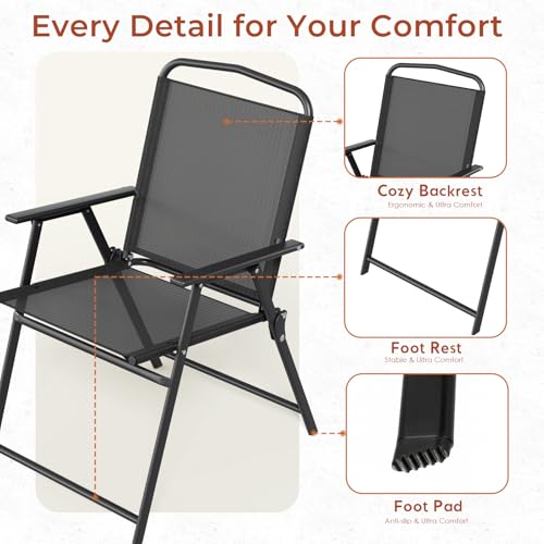 TLSUNNY 7 Piece Patio Dining Set for 6, Outdoor Table and Chairs W/1.69" Umbrella Hole & Metal Frame, 30"X 55" Rectangular Glass Table and Patio Textilene Folding Chair W/Armrests, for Deck (Black)