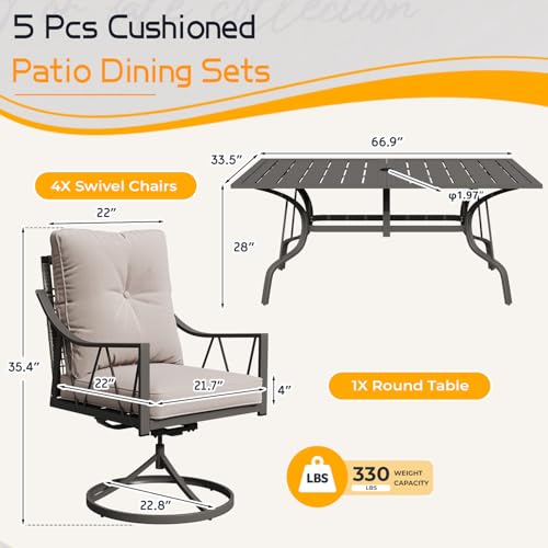 EROMMY 7-Piece Outdoor Patio Dining Set, 6 Wicker Swivel Rocking Chairs with 4" Cushions, Rectangular Table with Adjustable Umbrella Hole for Backyard, Deck, Black