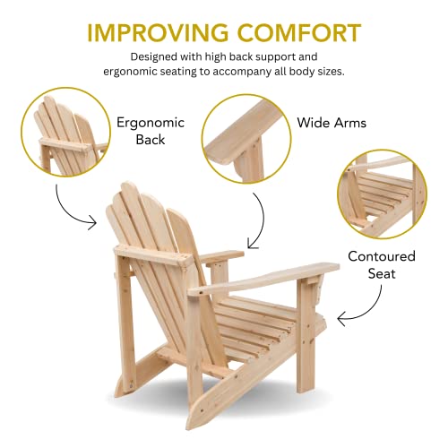 Shine Company Westport Wooden Adirondack Chair, Outdoor Patio Firepit Chairs, Back & Seat Pre-Assembled, Natural