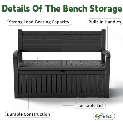 GYMHILL 80 Gallon Outdoor Storage Bench Spacious Storage Box Waterproof Resin Deck Box Lockable for Patio, Garden, Living Room & Outdoor Spaces（Black）