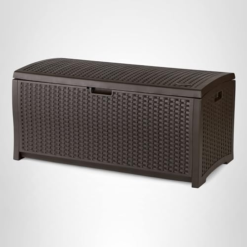 Suncast Outdoor Storage Box - 73 Gallon Mocha Brown Deck Box for Patio, weather-resistant Outdoor Storage Bench, Resin Wicker Style, Heavy-Duty, Lockable Lid for Cushions, Shoes, Pool & Garden Gear