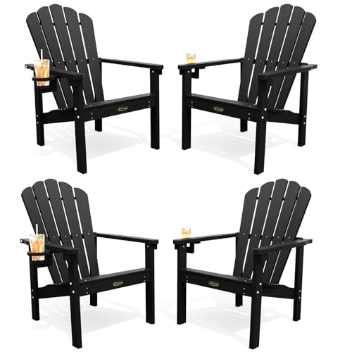 THOEOE Stackable Adirondack Chair Set of 4, HDPE All-Weather Adirondack Chairs - Durable and Space Saving, Plastic Outdoor Fire Pit Chairs with Cup Holder,Black