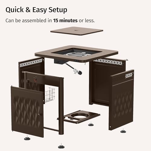 East Oak 28'' Propane Fire Pit Table, 50,000 BTU Steel Gas FirePit for Outdoor, Outside Patio Deck and Garden, CSA Certified Fire Table with Magnetic Lid, Cover-Storage Basket and Lava Rock, Brown