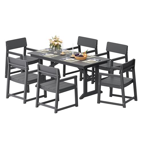 Shintenchi 7 Pieces Outdoor Dining Set,HDPE Outdoor Table and Chairs Set for 6,All Weather Patio Furniture Sets with Umbrella Hole,Modern Wooden Textured Dining Sets for Backyard,Garden,Dark Grey