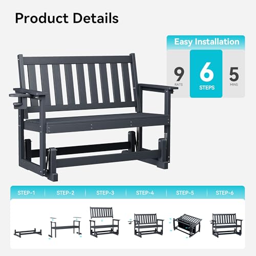 COSIEST 2 Person Outdoor Glider Bench, HDPE All-Weather Patio Glider with Cup Holder, Swing Chair for Garden, Backyard, Porch, and Deck,660LBS Capacity, Grey