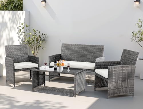 4 Piece Patio Ratten Set Outdoor Furniture Set Wicker Conversation Set with Cushions and Tempered Glass Tabletop,Beige