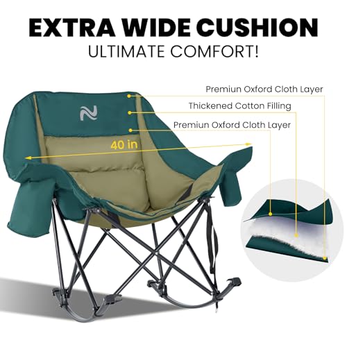NAIZEA Folding Rocking Camping Chair, Portable Outdoor Rocker with Cooler Bag - 400lbs Capacity, 600D Oxford Fabric, Easy Fold Padded Rocker Chair for Patio, Lawn, Camping, Backyard, Beach