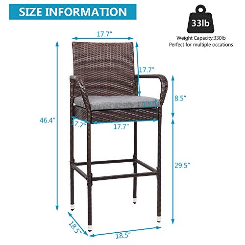 VINGLI Outdoor Bar Stools Set of 2, All-Weather Wicker Outdoor Barstools with Cushion, Patio Bar Stools for Garden Pool Lawn Backyard