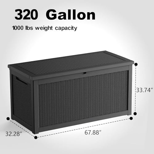KFY 320 Gallon Waterproof Outdoor Storage Box, UV Resistant Resin Deck Box with Hydraulic Rod for Reinforced Stability, Perfect for Patio, Garden, and Pool（Black，320 Gallon）