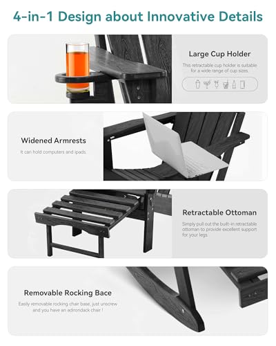 Serique Adjustable Adirondack Rocking Chair with Retractable Ottoman, 4-in-1 Multifunctional Folding Patio Chair with Cup Holder, Outdoor Chair Wood Texture for Lawn, Porch, Backyard, Pool(Black)