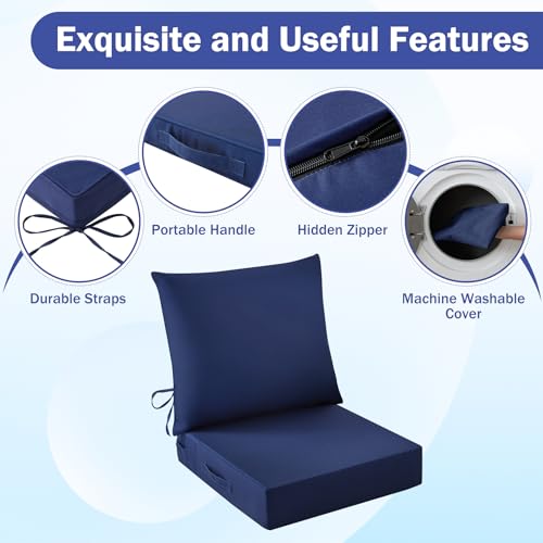 IASEAHK Outdoor Chair Cushions, 24 x 24 Inch Outdoor Cushion for Patio Furniture, Patio Chair Cushion, Waterproof & Fade Resistant Deep Patio Furniture Cushions Set with Handle and Ties, Navy Blue