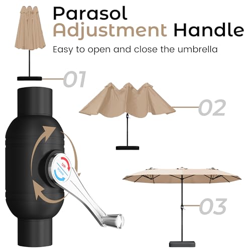DomeShade 15ft Patio Umbrella with Base,Large Outdoor Double-Sided Rectangle Umbrella with Crank Handle, Market Umbrella for Poolside Garden Deck Backyard Beach Pools, Beige