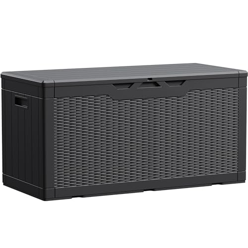 Devoko 100 Gallon Waterproof Large Resin Deck Box Indoor Outdoor Lockable Storage Container for Patio Furniture Cushions Garden Tools (100 Gallon, Black)