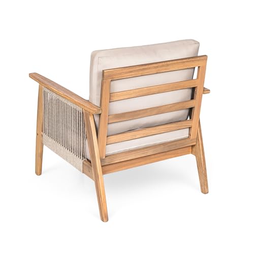 Christopher Knight Home Lorna 4-Seater Patio Furniture Set with Removable Cushion, 4 Piece Outdoor Acacia Wood Conversation Set, Sold Wood Outdoor Sectional Sofa Set with Coffee Table, Teak+Beige