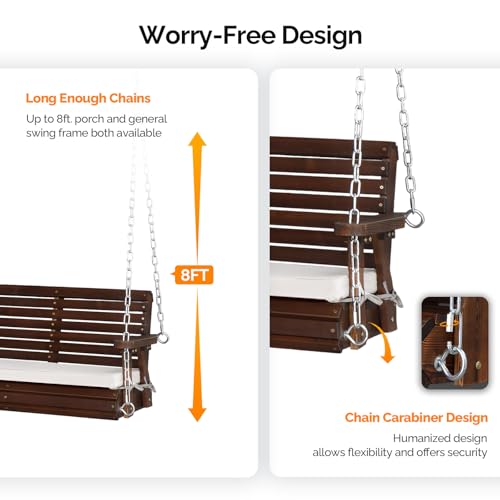 VINGLI Heavy Duty 880 LBS Patio Wooden Porch Swing Outdoor with Extra Cushion, Farmhouse Hanging Bench Tree Swing with Adjustable Chains for Yard | Garden | Lawn | Balcony (5 FT, Rustic)