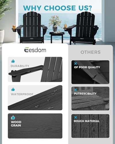 Eesdom Folding Adirondack Chair,All-Weather HDPE Fire Pit Chair with 2 Cup Holders, Plastic Outdoor Chair for Patio Deck Garden Lawn, Black