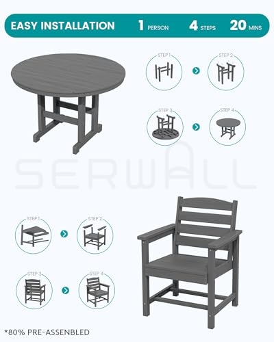 SERWALL 5-Piece Patio Dining Sets, HDPE Outdoor Table and Chairs Furniture Set, 45" Round Dining Table and 4 Dining Chairs, Gray