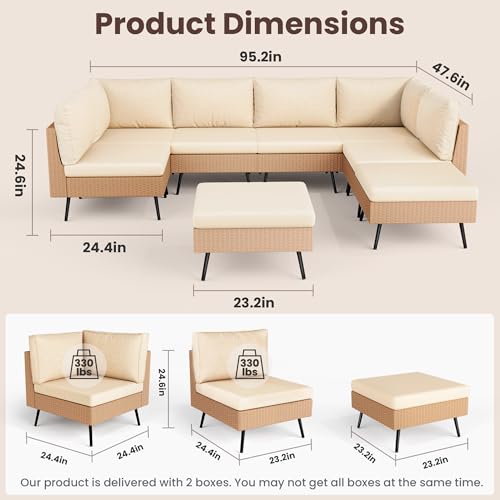 Pamapic 8-Piece Wicker Outdoor Furniture Set, All-Weather Patio Conversation Set with Thick Cushions & 2 Multi-Use Ottomans, Sectional Sofa Patio Furniture Set for Backyard, Porch, Beige