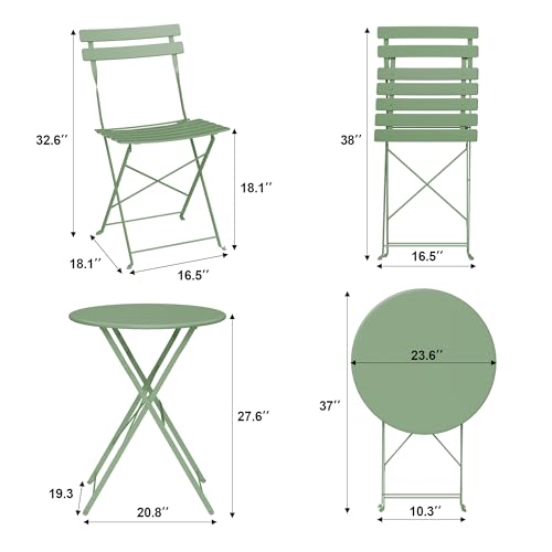 Bistro Table and Chairs Set of 2, 3 Piece Outdoor/Indoor Folding Patio Bistro Sets, 2 Chair Patio Furniture Set with Table, Premium Frame Foldable Coffee Tables for Balcony, Yard, Garden, Green