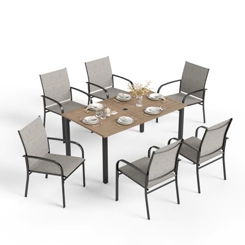 HERA'S HOUSE Patio Table and Chairs for 6, 7 Pieces Outdoor Deck Dining Sets, Wood-Like Rectangular Metal Table Set with Chairs for Lawn Garden Backyard, Brown