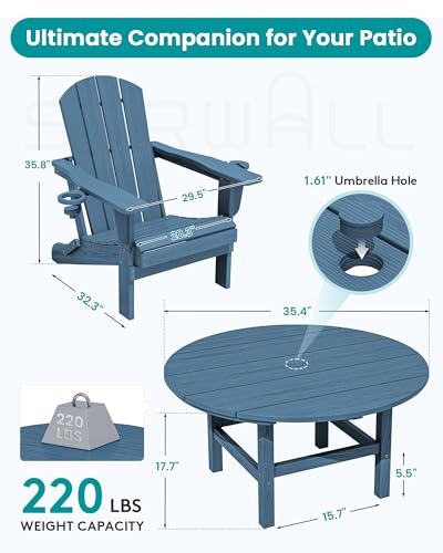 SERWALL 35.5'' Round Outdoor Table with Umbrella Hole, HDPE Weatherproof Coffee Table, Blue