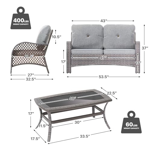 Magshion Outdoor Patio Loveseat Set, 2 Seat Sofa Furniture Set with Soft Cushions and SideTable, All-Weather Rattan Conversation Couch for Backyard, Balcony, and Deck, Grey