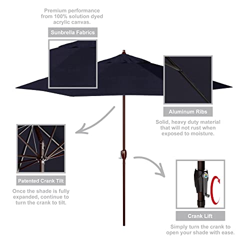 California Umbrella 12-Year Protection 9-Ft Outdoor Patio Umbrella, Sunbrella Fade-Resistant Acrylic Fabric, Auto Tilt and Crank, Heavy-Duty Aluminum Frame/ Reinforced Ribs, Bronze Pole,Navy