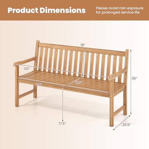Tangkula 62" Teak Wood Outdoor Bench, 3-Seat Solid Wood Garden Patio Bench with Armrests and Backrest, Wooden Outside Porch Bench Seating Furniture for Backyard, Balcony and Park (62")