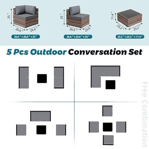 SUNLEI 5 Piece Patio Furniture Sets, Low Back All-Weather Rattan Sectional Sofa with Tea Table&Washable Couch Cushions, Patio Furniture Sets, Brown Rattan
