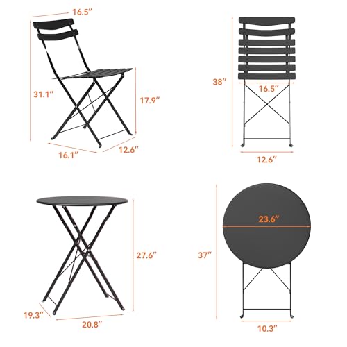 IDEALHOUSE Bistro Table and Chairs Set of 2, 3-Pieces Patio Bistro Set, Folding Design, No Assembly Need, Outdoor/Indoor Outdoor Patio Furniture Set for Balcony Yard Garden, Black