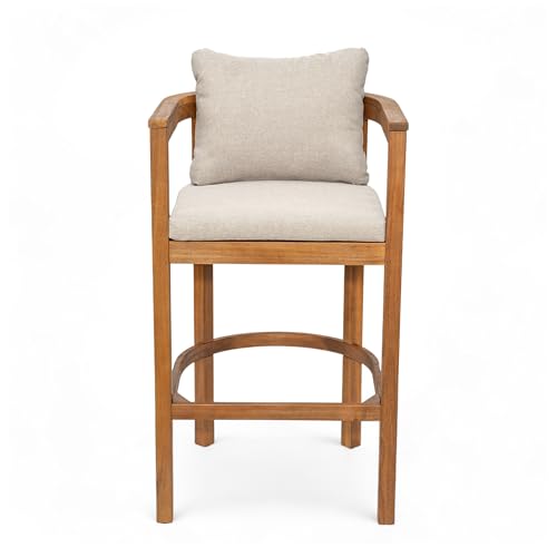Christopher Knight Home Kuart Acacia Wood Outdoor Bar Stool Set of 2 with Cushion, Patio Armchair Set for Bar Table, Wooden Counter Height Patio Bar Stool with Footrest, Teak+Beige