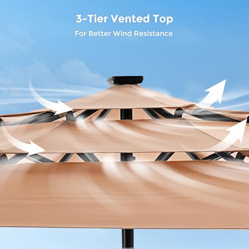 HOMSHADE 9FT 3-Tier Solar Patio Umbrella Heavy Duty, Vented Market Table Umbrella Windproof with 32 LED Lights, UPF50+, 5-Year Fade Resistant, 8 Thicker Ribs for Pool, Lawn, Garden, Deck (Beige,No Base)