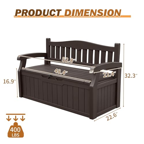 Devoko 80 Gallon Storage Bench Deck Box Lockable for Patio Furniture, Garden Decor and Outdoor Seating for Cushions, Garden Tools and Pool Supplies(Dark Brown)