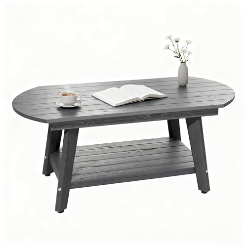 HIPS Outdoor Patio Furniture Coffee Table, All-Weather Outdoor Coffee Table, Modern Rectangle Coffee Table for Balcony, Garden, Slanted Leg